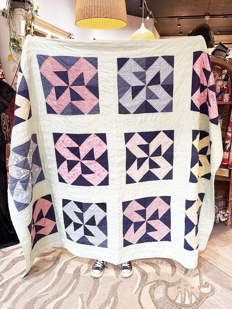 vintage handmade geometric pattern lemon design quilt - good market thrift store