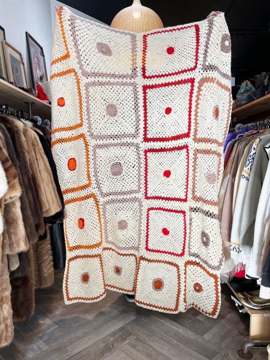 vintage handmade mohair - blend crochet flower squares afghan blanket - good market thrift store