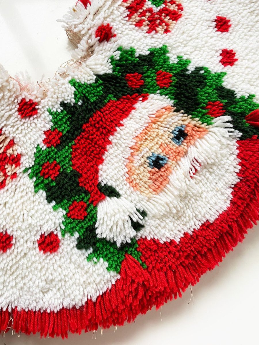 vintage handmade santa + candy canes latch hook tree skirt - good market thrift store