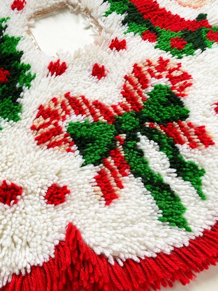 vintage handmade santa + candy canes latch hook tree skirt - good market thrift store