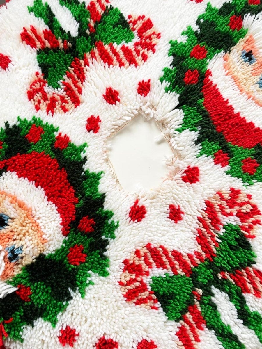 vintage handmade santa + candy canes latch hook tree skirt - good market thrift store