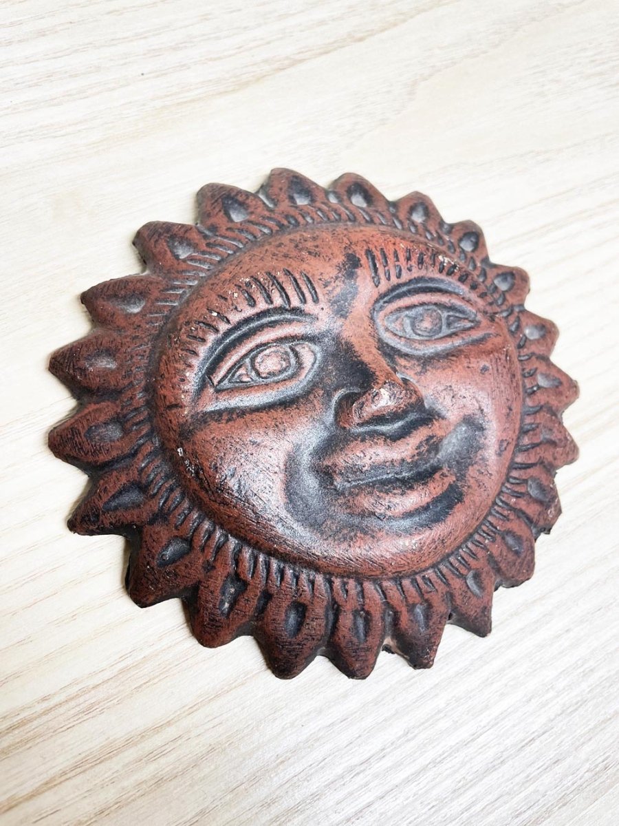 vintage handmade sun face terracotta art - good market thrift store