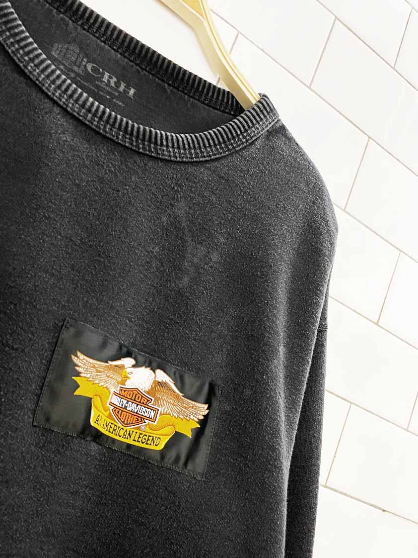 vintage harley davidson faded boxy quilted elbow sweatshirt | rework - good market thrift store