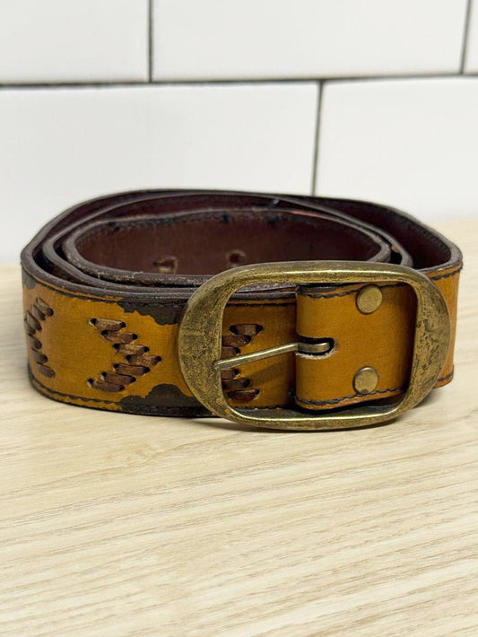 vintage harness leather stitched western belt | made in Haiti - good market thrift store