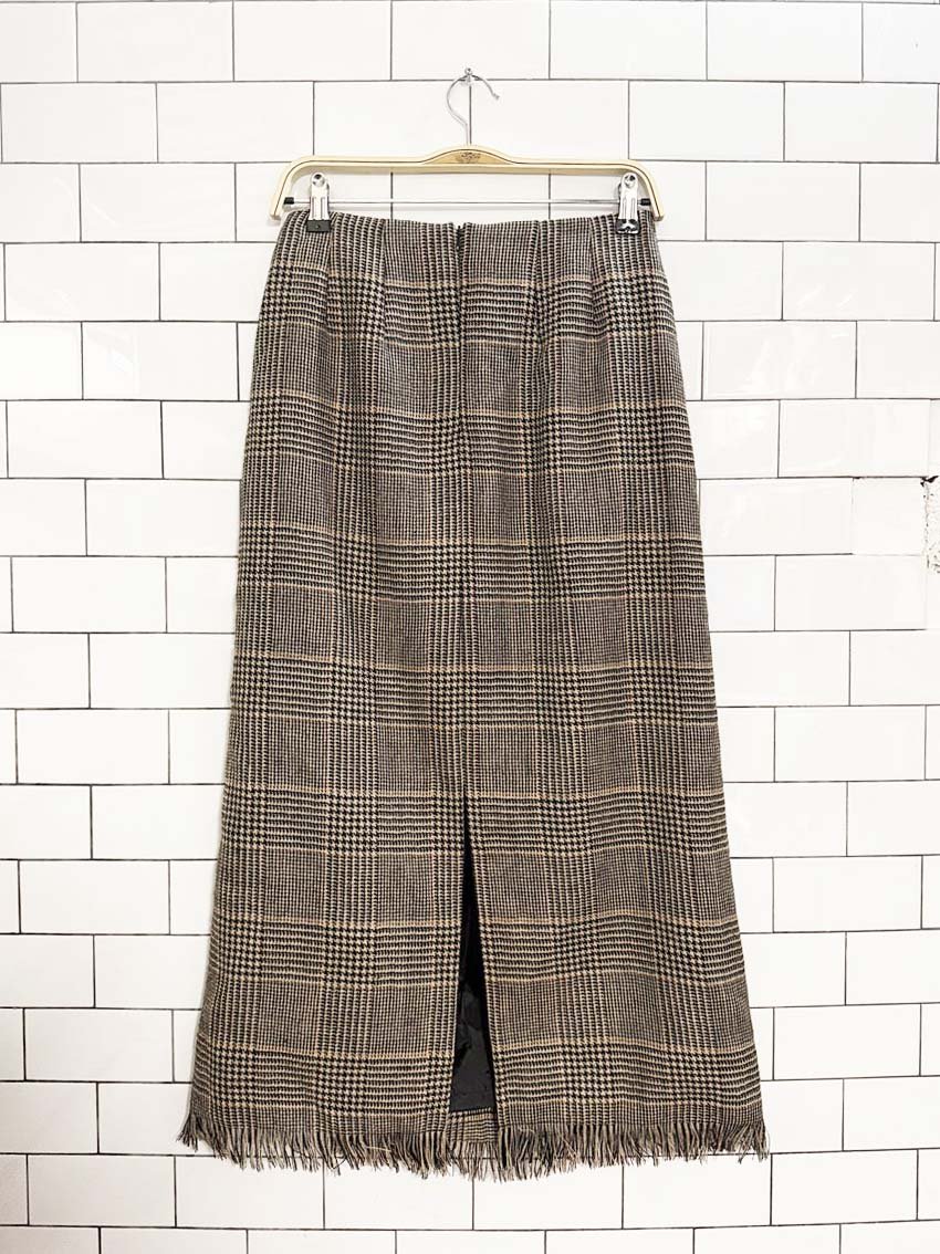 vintage harvé benard 100% wool fringe houndstooth plaid maxi skirt - good market thrift store
