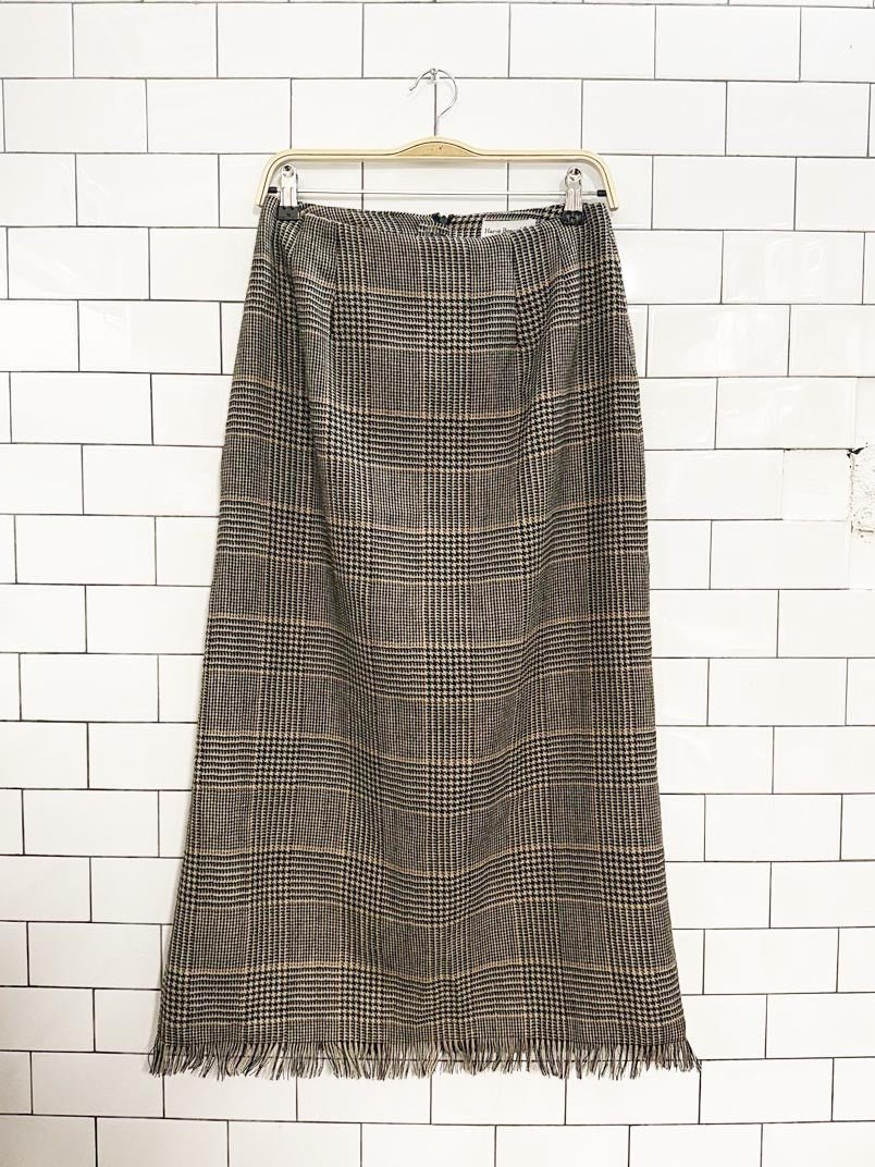 vintage harvé benard 100% wool fringe houndstooth plaid maxi skirt - good market thrift store