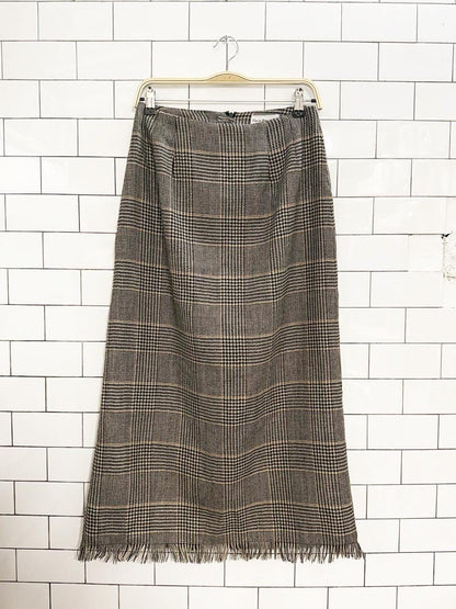vintage harvé benard 100% wool fringe houndstooth plaid maxi skirt - good market thrift store