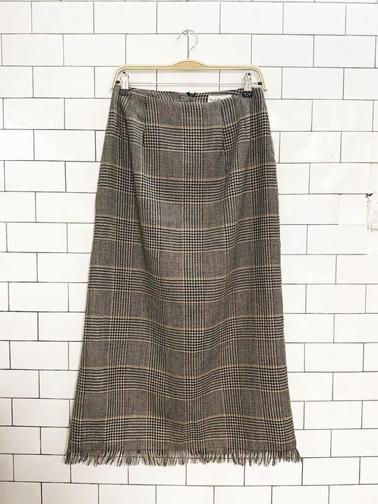 vintage harvé benard 100% wool fringe houndstooth plaid maxi skirt - good market thrift store