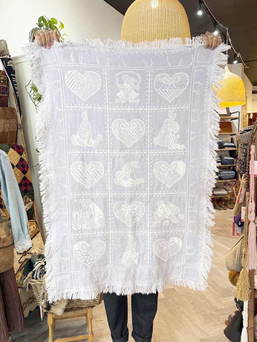 vintage hearts and bunnies fringe towel - good market thrift store