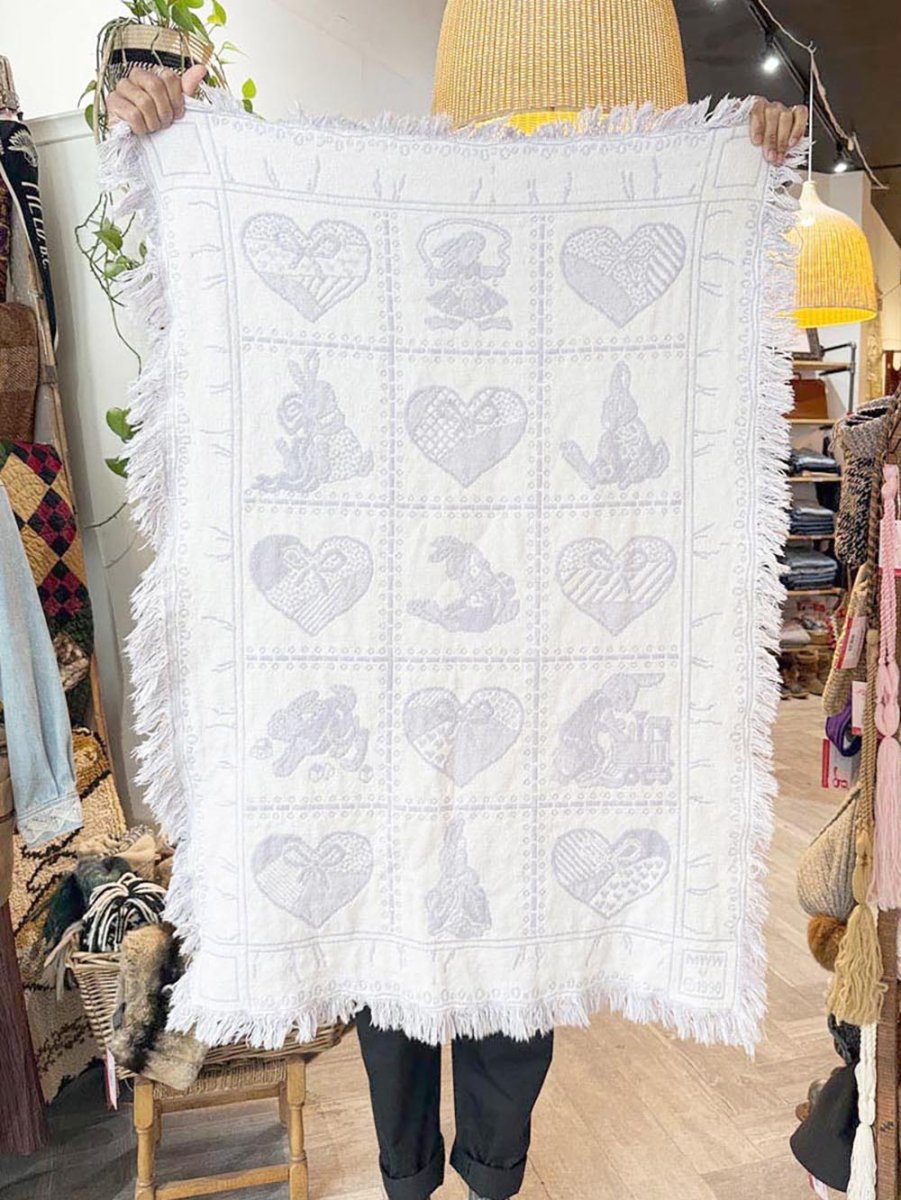vintage hearts and bunnies fringe towel - good market thrift store