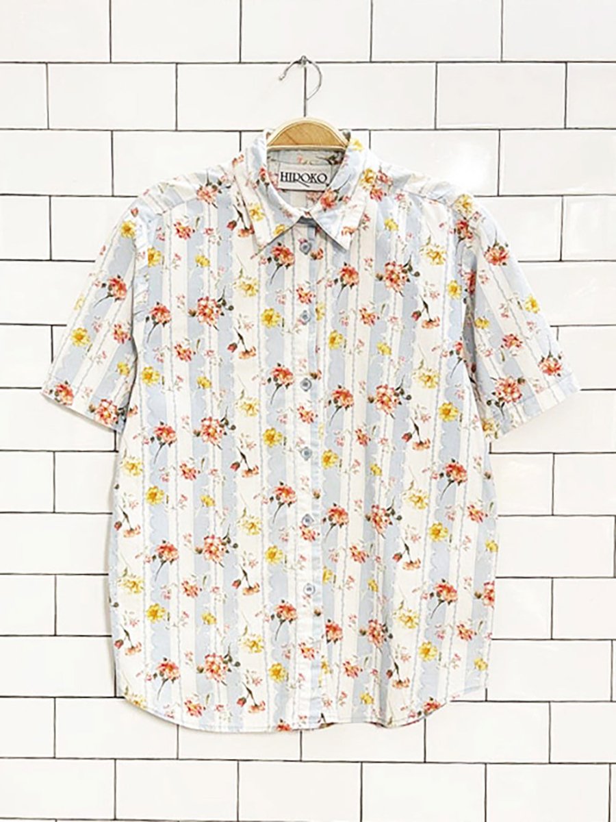 vintage hiroco floral blue stripe full button shirt - good market thrift store