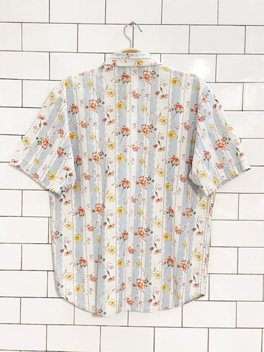 vintage hiroco floral blue stripe full button shirt - good market thrift store