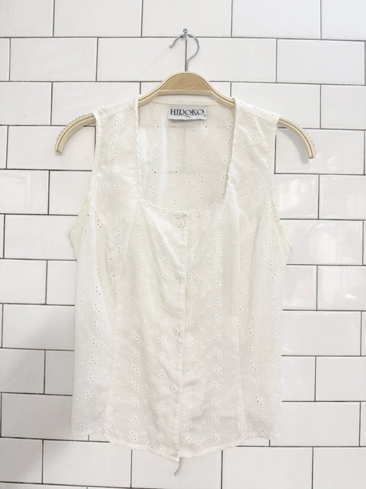 vintage hiroko corset back square neck eyelet full button top - good market thrift store