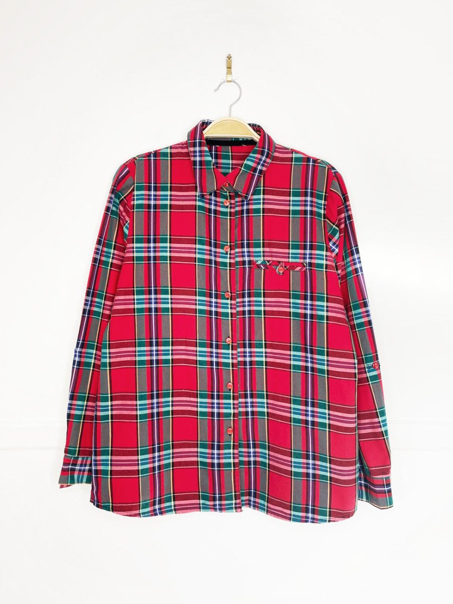 vintage holiday tartan button down shirt with gold thread - good market thrift store