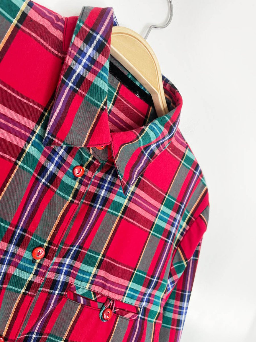 vintage holiday tartan button down shirt with gold thread - good market thrift store