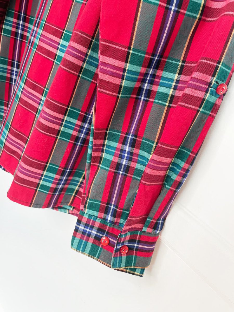vintage holiday tartan button down shirt with gold thread - good market thrift store