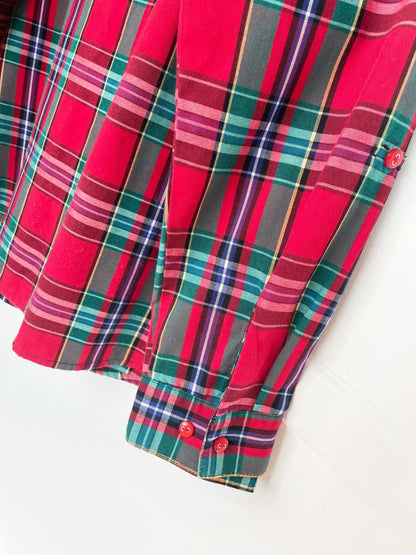 vintage holiday tartan button down shirt with gold thread - good market thrift store