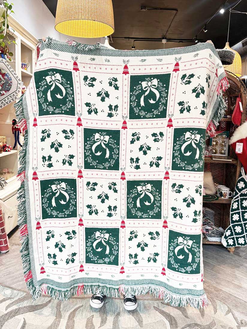 vintage holly + wreaths check fringe knit holiday throw blanket - good market thrift store