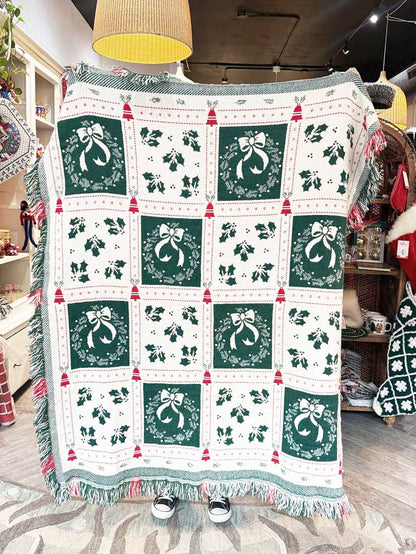 vintage holly + wreaths check fringe knit holiday throw blanket - good market thrift store