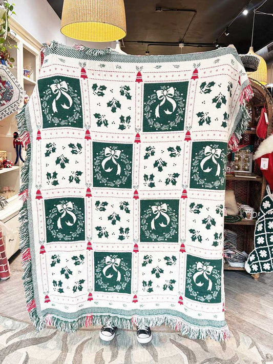 vintage holly + wreaths check fringe knit holiday throw blanket - good market thrift store