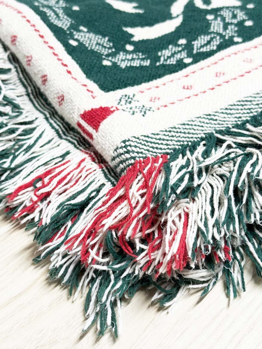 vintage holly + wreaths check fringe knit holiday throw blanket - good market thrift store
