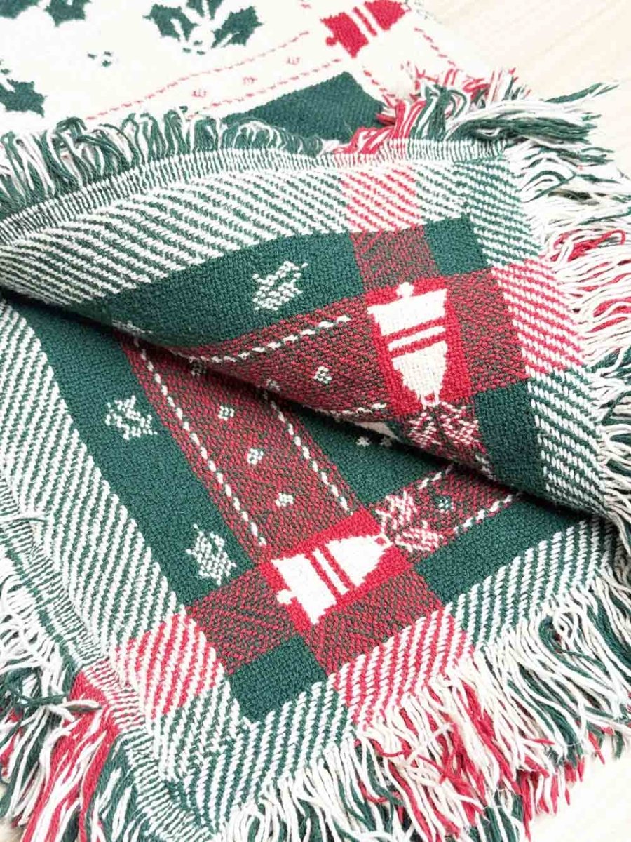 vintage holly + wreaths check fringe knit holiday throw blanket - good market thrift store