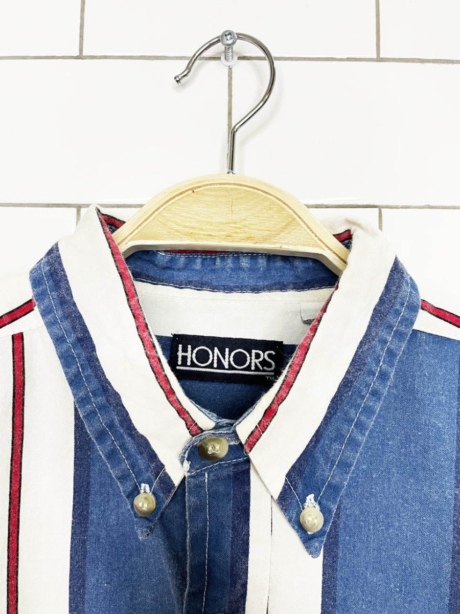 vintage honors blue chunky stripe full button shirt - good market thrift store