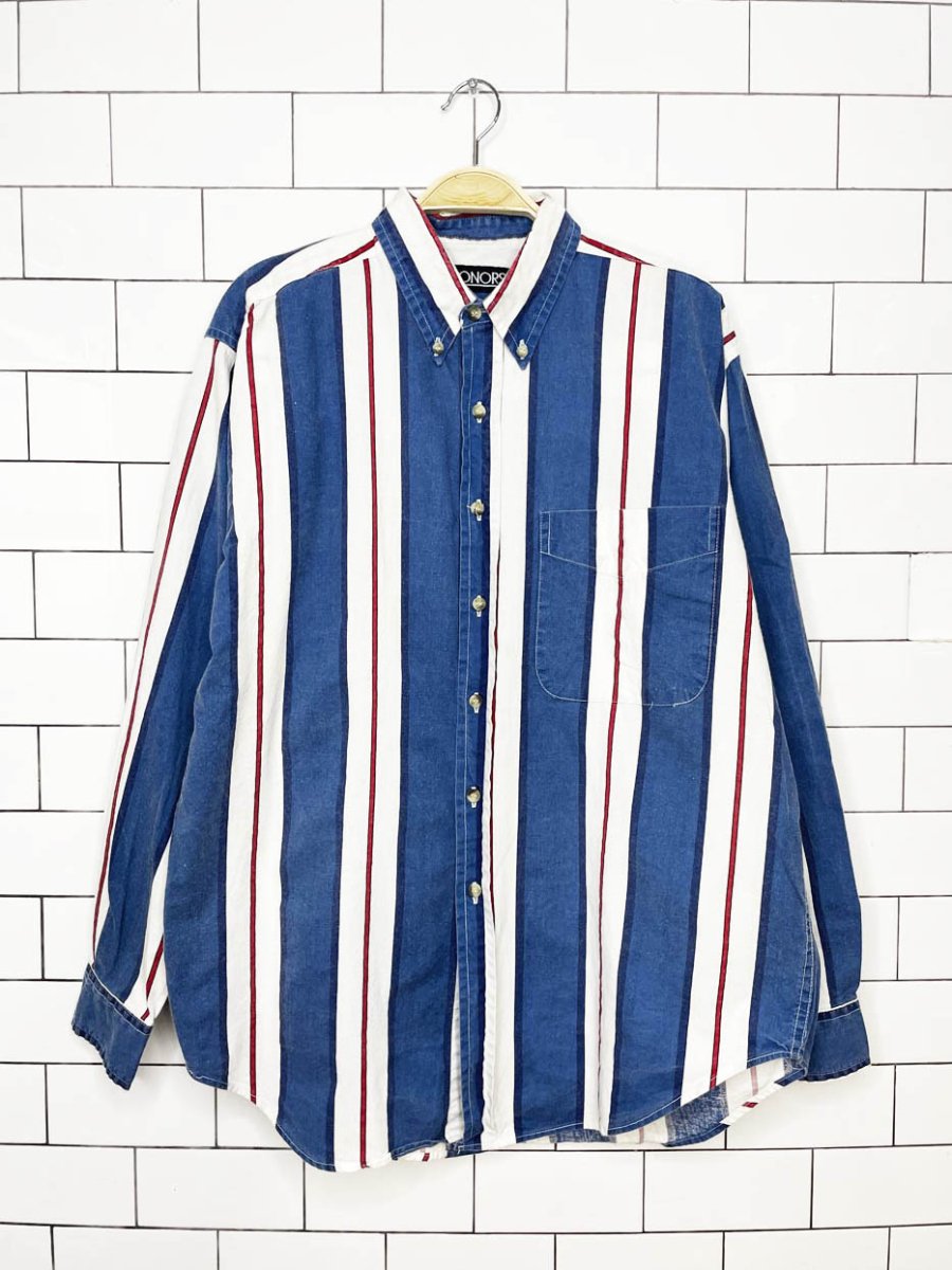 vintage honors blue chunky stripe full button shirt - good market thrift store