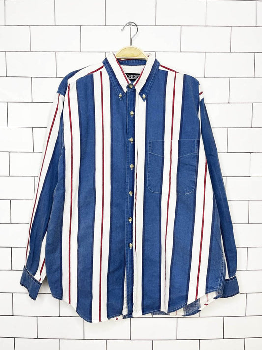 vintage honors blue chunky stripe full button shirt - good market thrift store