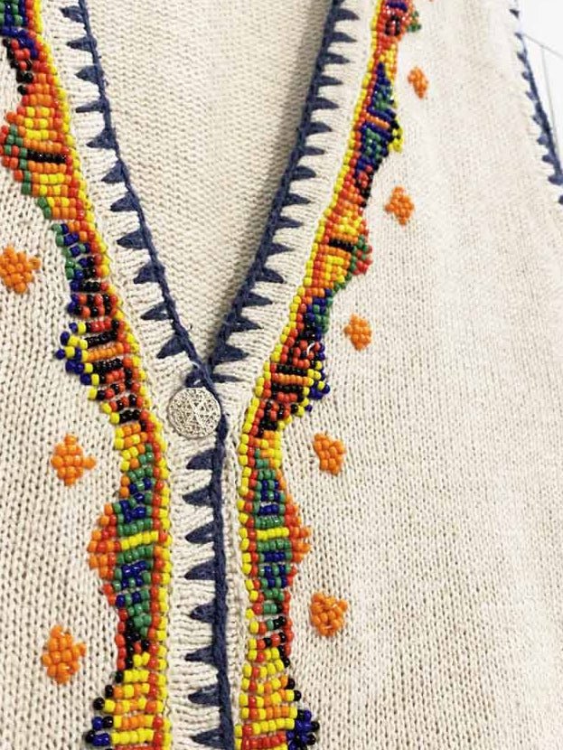vintage ivy silk - blend boho beaded knit full button vest - good market thrift store