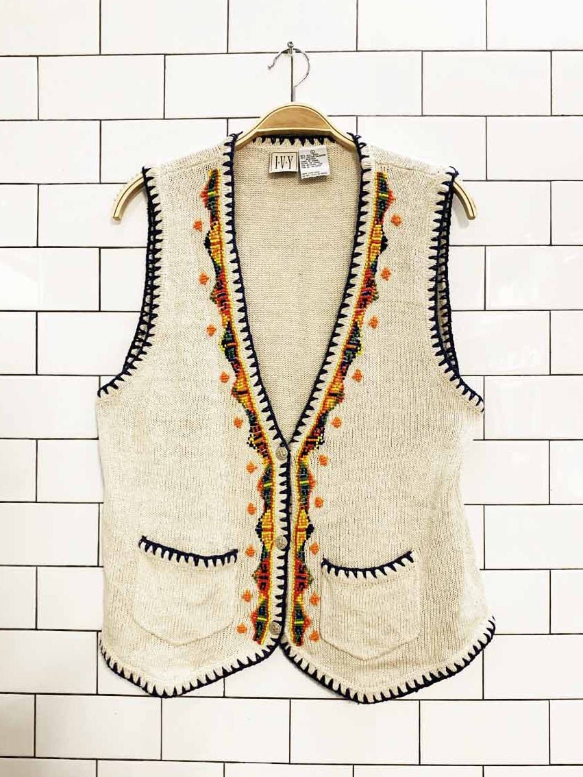 vintage ivy silk - blend boho beaded knit full button vest - good market thrift store