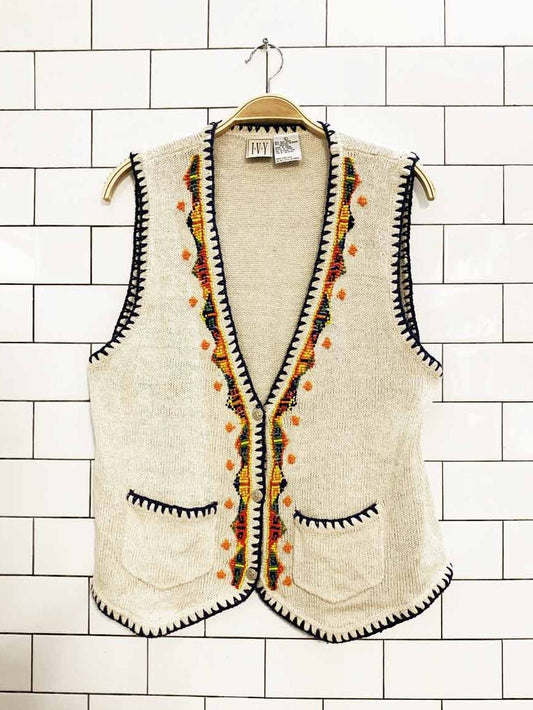 vintage ivy silk - blend boho beaded knit full button vest - good market thrift store
