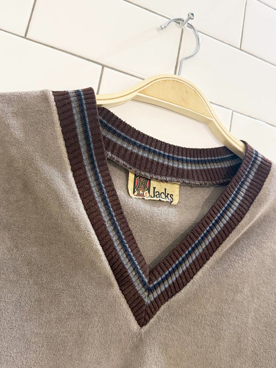 vintage jacks velour v - neck sweater | rib knit trim - good market thrift store