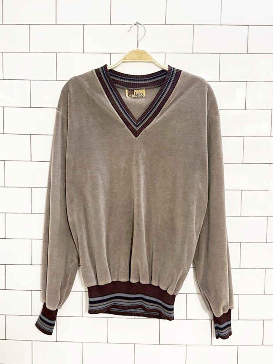 vintage jacks velour v - neck sweater | rib knit trim - good market thrift store