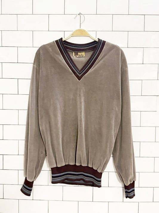 vintage jacks velour v - neck sweater | rib knit trim - good market thrift store
