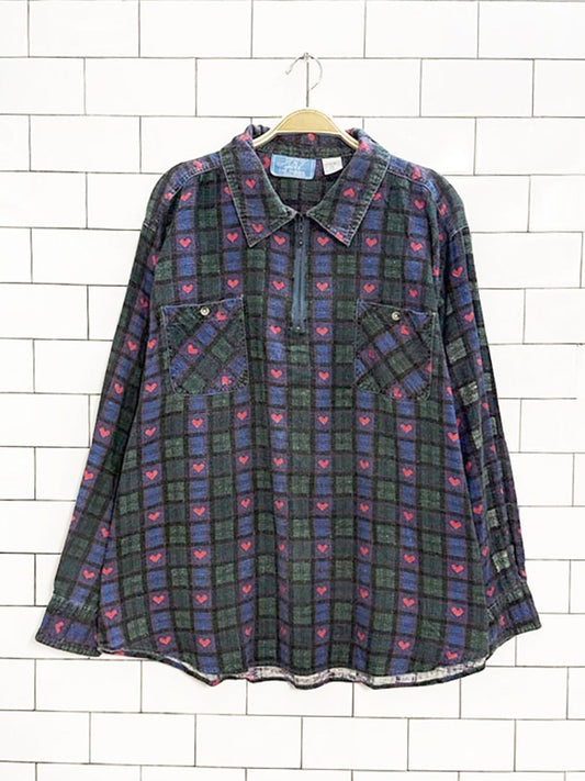 vintage JIT sport plaid hearts flannel 1/2 zip shirt - good market thrift store