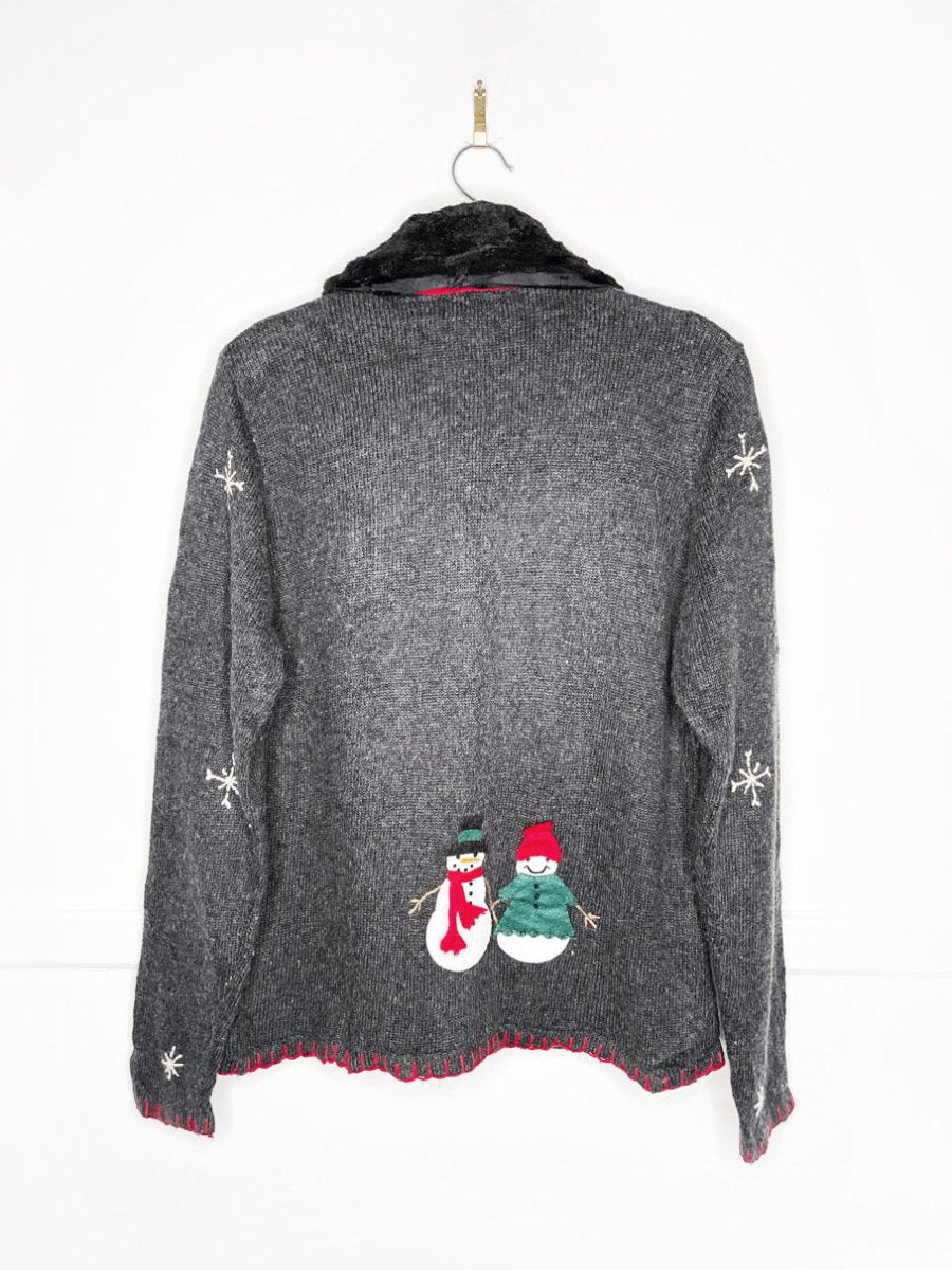 vintage karen scott wool - blend snowman pocket knit cardigan | removable faux fur collar - good market thrift store