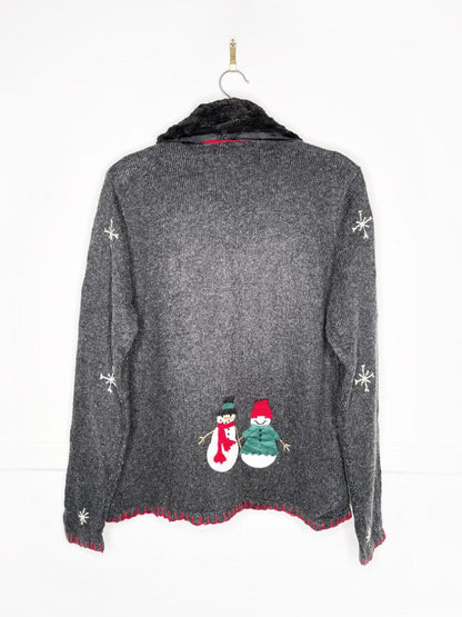 vintage karen scott wool - blend snowman pocket knit cardigan | removable faux fur collar - good market thrift store