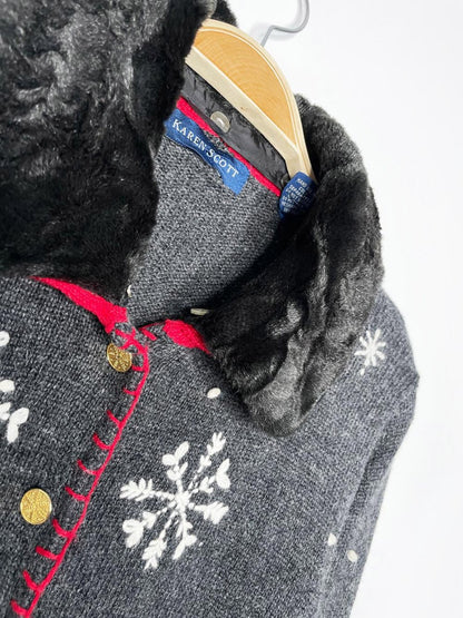 vintage karen scott wool - blend snowman pocket knit cardigan | removable faux fur collar - good market thrift store