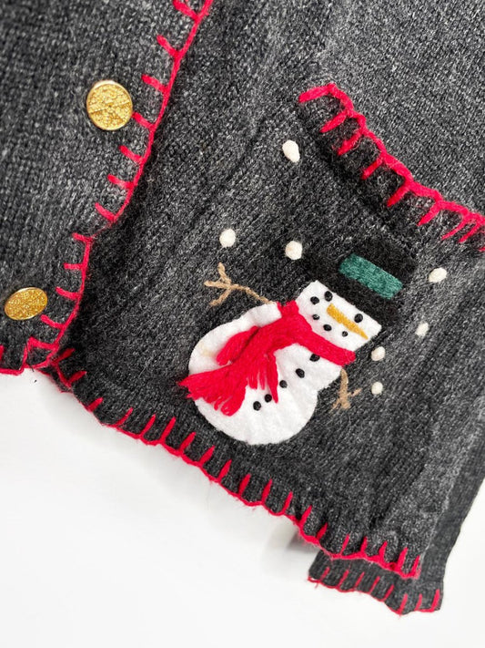 vintage karen scott wool - blend snowman pocket knit cardigan | removable faux fur collar - good market thrift store