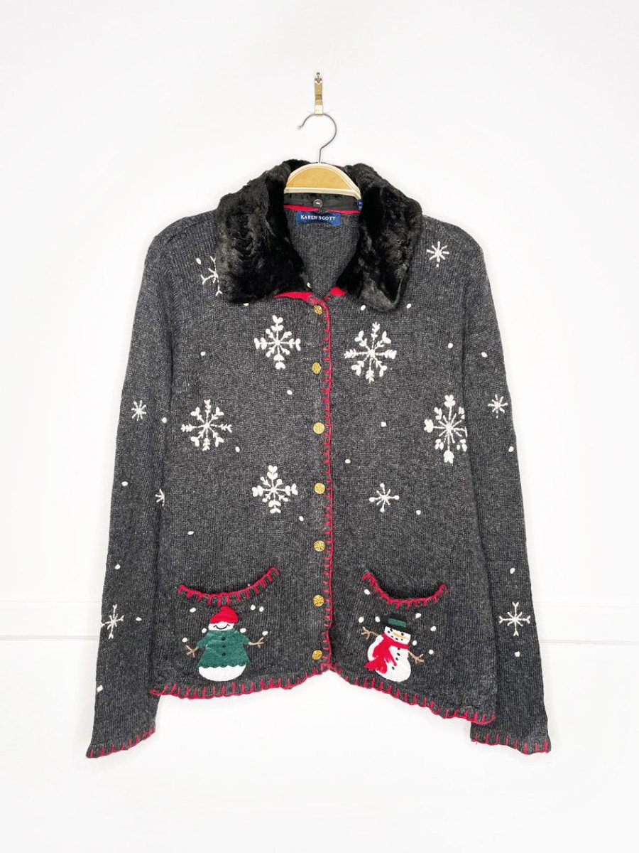 vintage karen scott wool - blend snowman pocket knit cardigan | removable faux fur collar - good market thrift store