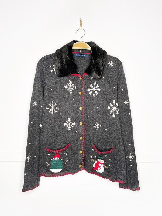 vintage karen scott wool - blend snowman pocket knit cardigan | removable faux fur collar - good market thrift store
