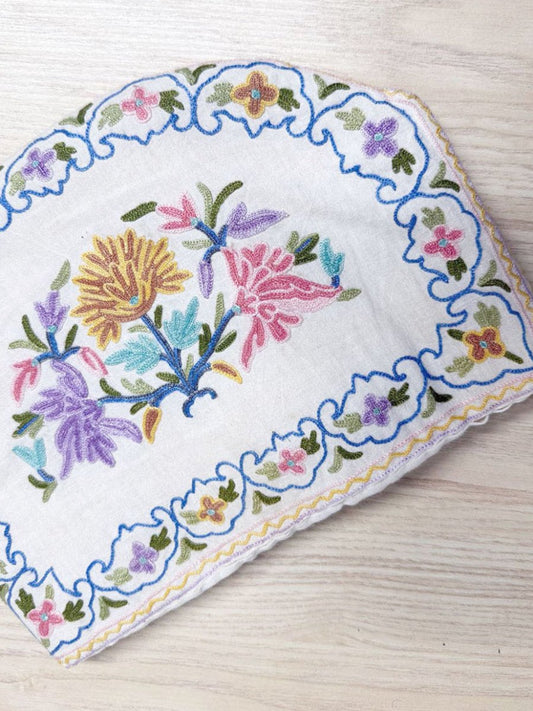 vintage kashmiri chain - stich embroidered tea cozy - good market thrift store