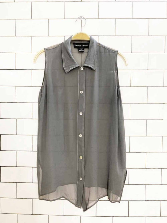 vintage kettle creek 100% silk chiffon full button sleeveless shirt | shell buttons - good market thrift store