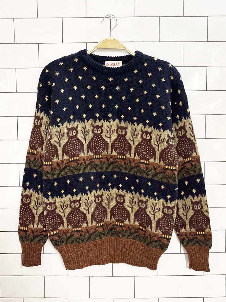 vintage knit pics 100% wool owl fair isle knit sweater | made in Great Britain - good market thrift store