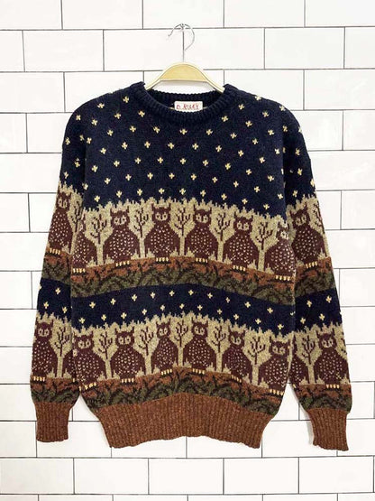 vintage knit pics 100% wool owl fair isle knit sweater | made in Great Britain - good market thrift store