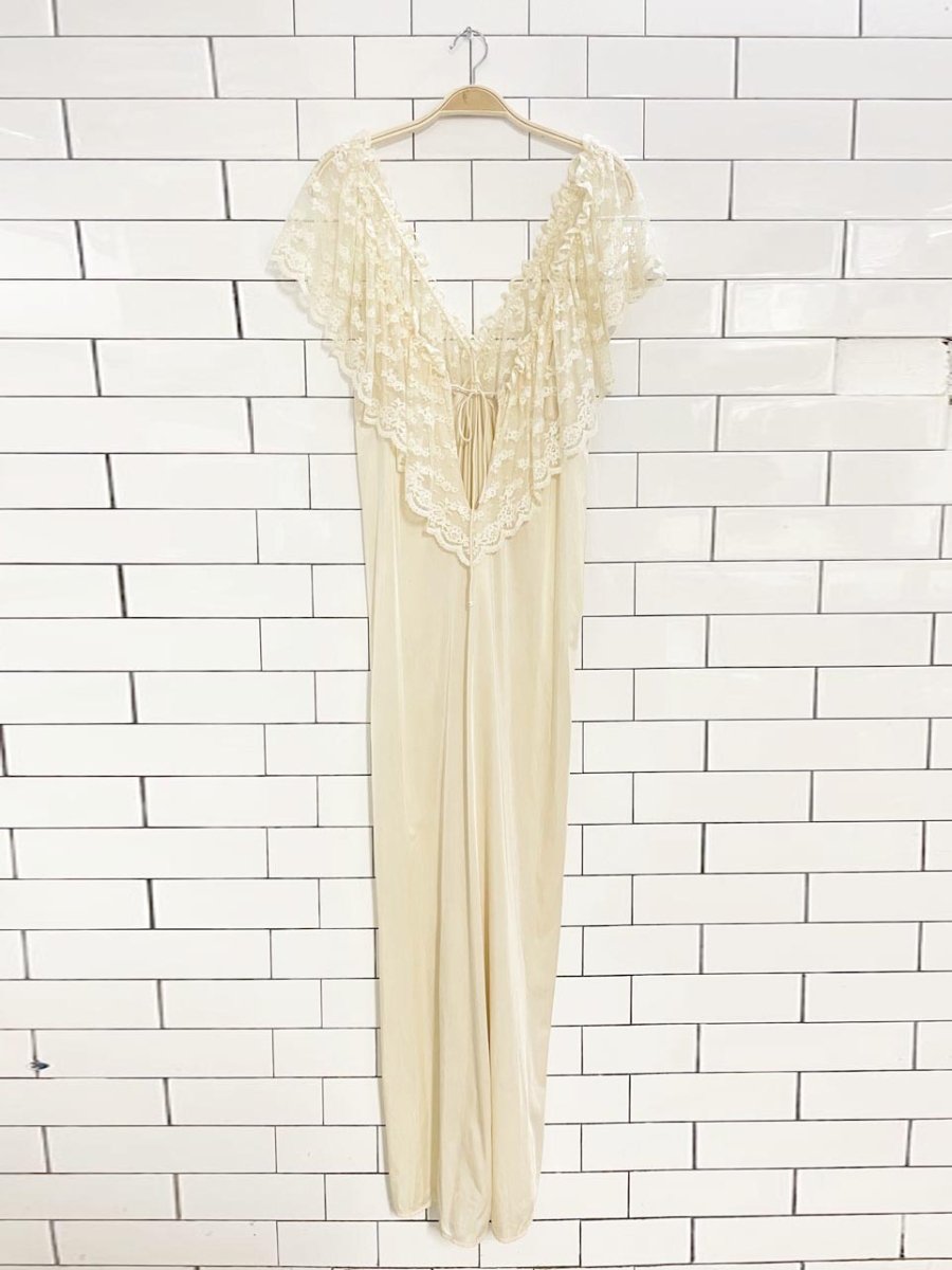 vintage lace ruffle shoulder trim sateen poly knit slip maxi dress - good market thrift store