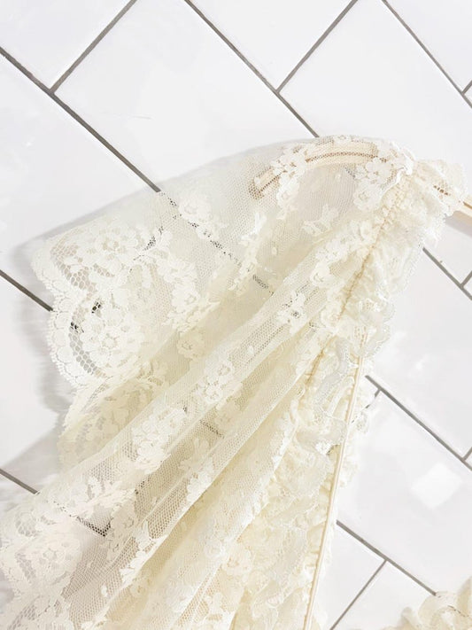 vintage lace ruffle shoulder trim sateen poly knit slip maxi dress - good market thrift store