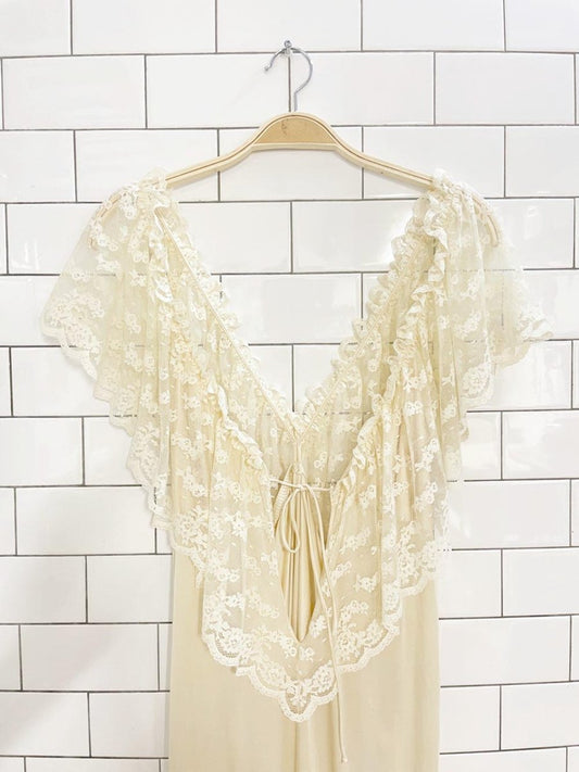vintage lace ruffle shoulder trim sateen poly knit slip maxi dress - good market thrift store