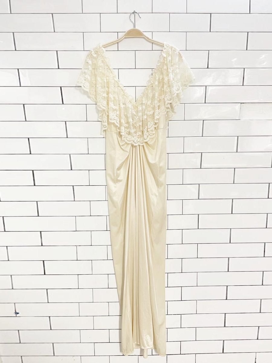 vintage lace ruffle shoulder trim sateen poly knit slip maxi dress - good market thrift store